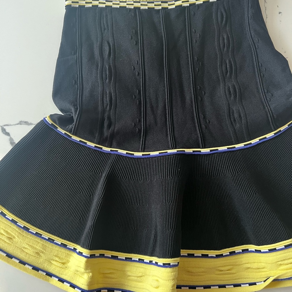 BNWT, Sandro, fit and flare black skirt with yellow/blue pipping detail, size 1